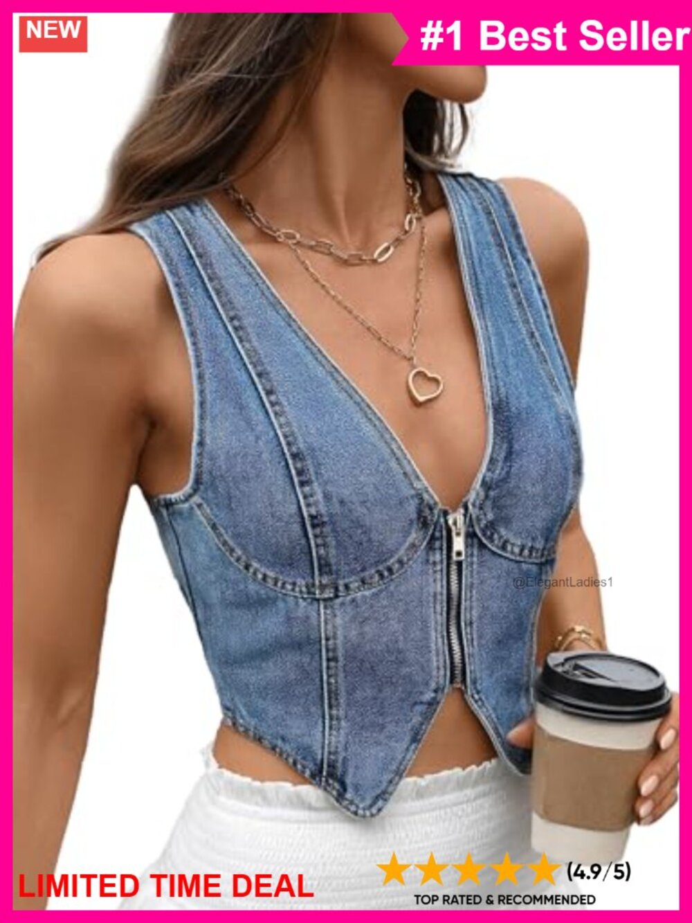 Sleeveless Denim Crop Vest V Neck Zipper Slim Fit Women's Jean Waistcoat